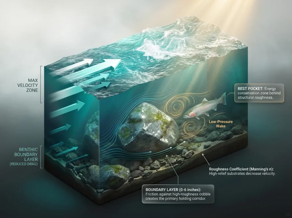 Infographic cross-section of a river channel showing surface velocity vs. the slow boundary layer with a boulder rest pocket