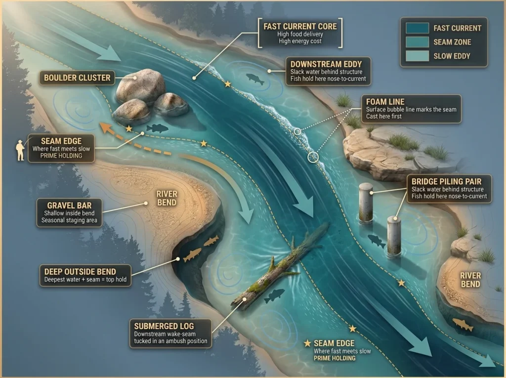 Infographic showing river current seams and fish holding zones with labeled speed zones, flow arrows, and structure markers