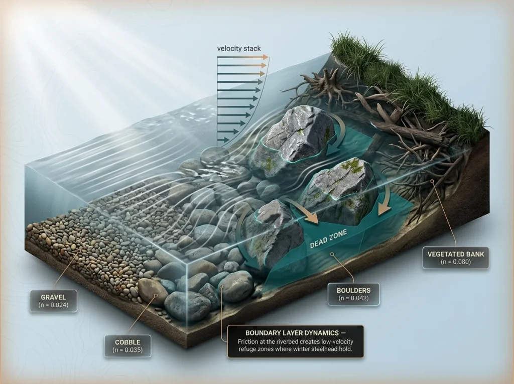 Infographic showing river cross-section with substrate Manning's n values, velocity gradient arrows, and hydraulic dead zones.