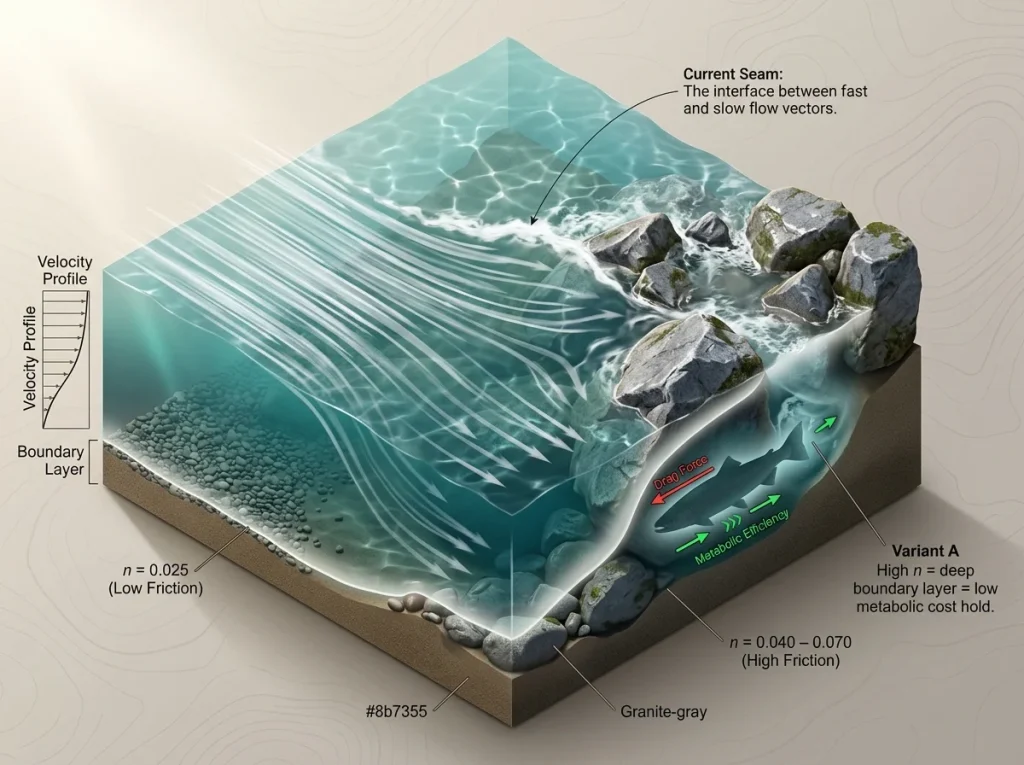 Infographic showing river cross-section with Manning's n values, boundary layers, and steelhead holding behind a boulder