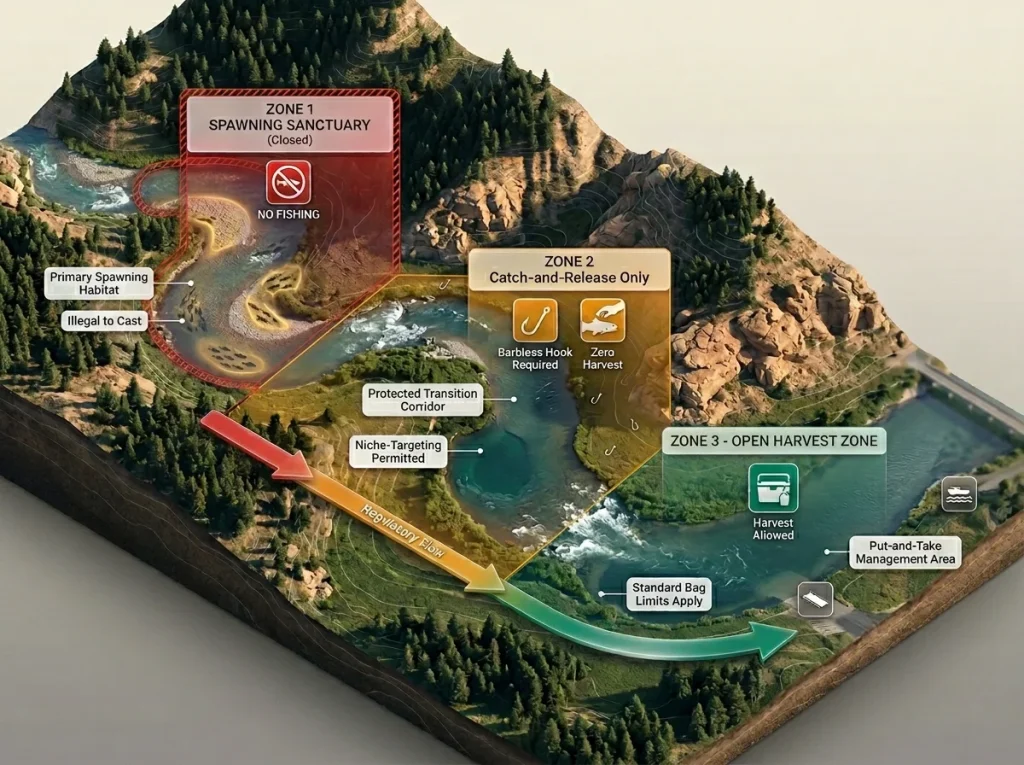 Custom map of a river system showing transition zones from spawning sanctuary to catch-and-release and open harvest areas