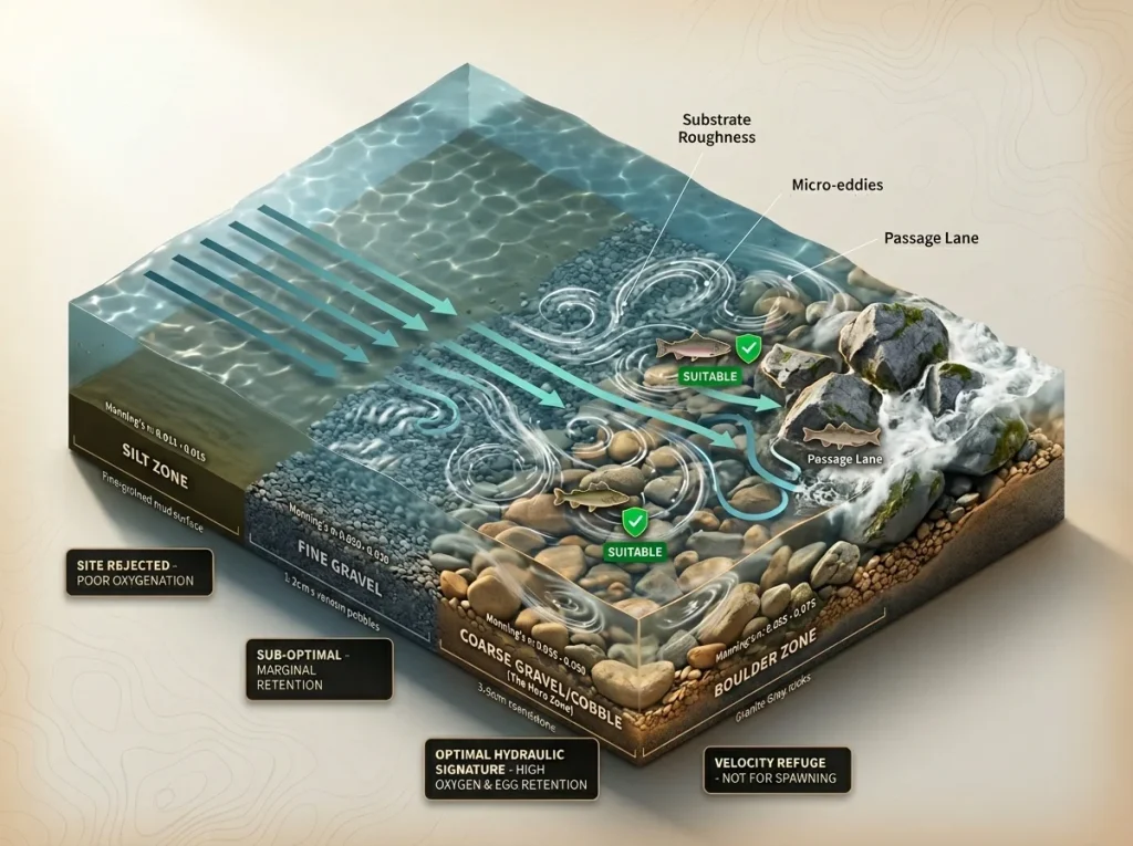 Infographic river cross-section showing 4 substrate types with Manning's n values and fish spawning suitability zones