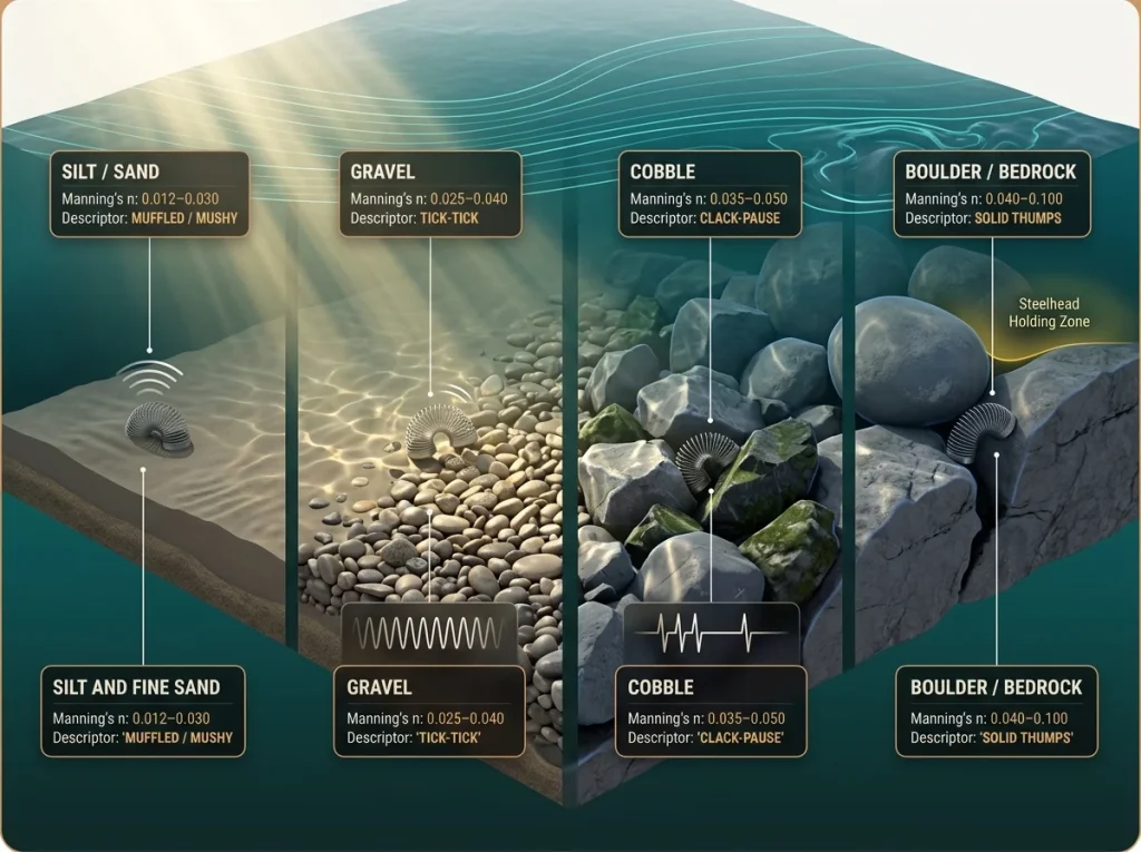 Infographic showing 4 riverbed substrates with Manning's n values and haptic signature labels like 'tick-tick' and 'clack-pause'