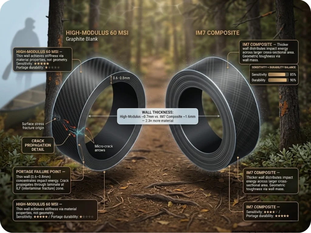 Infographic comparing high-modulus 60MSI vs IM7 composite rod blank cross-sections with labeled portage failure points and durability specs