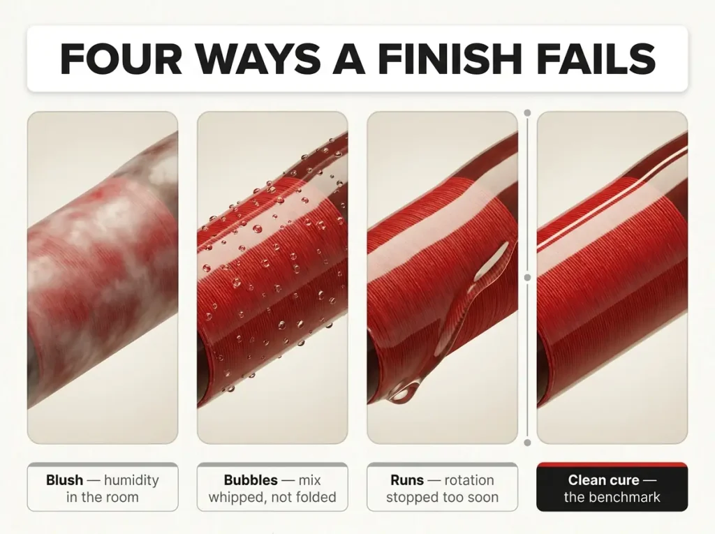 Infographic comparing four rod finish outcomes showing blush, bubbles, runs, and a clean cured wrap with causes labeled