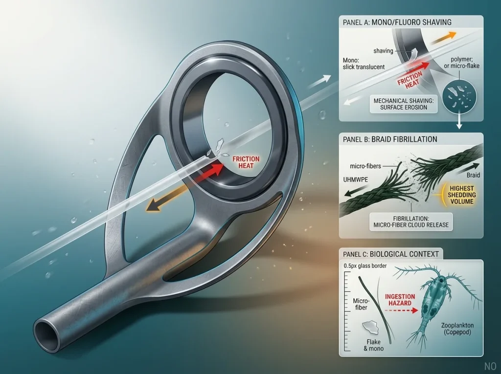 Infographic showing rod guide friction mechanics for mono, fluoro, and braid with microplastic shedding mechanisms