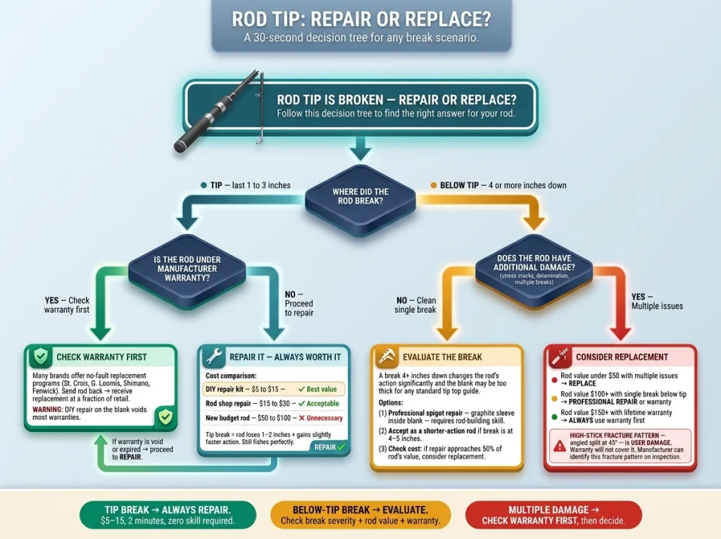 Infographic flowchart showing rod tip repair vs replace decision tree with break location, cost comparison, and warranty check