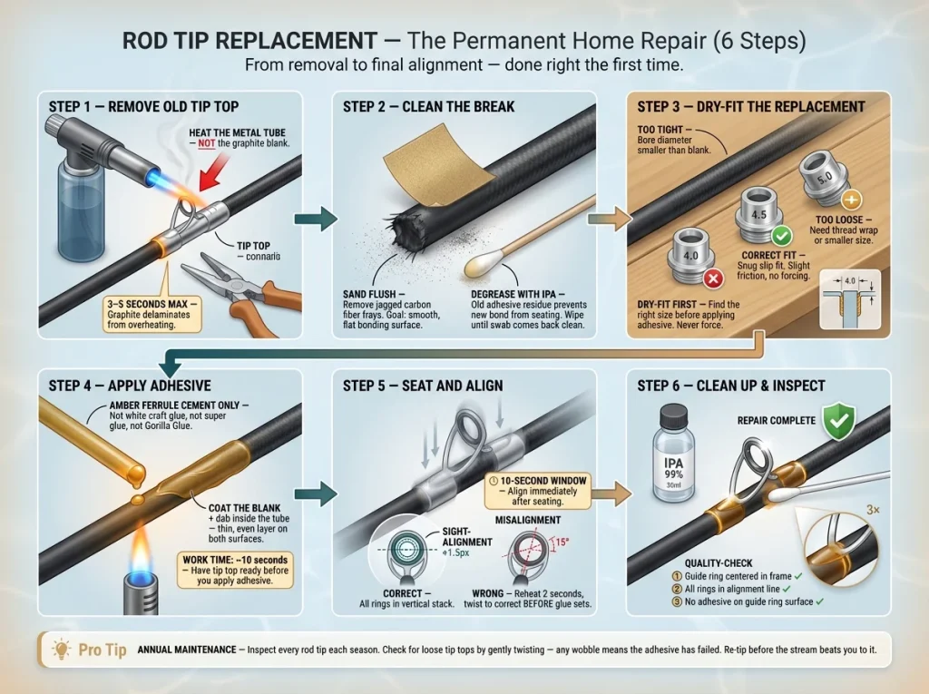 Infographic showing 6-step rod tip home repair process with tool callouts, heat direction arrows, and alignment technique