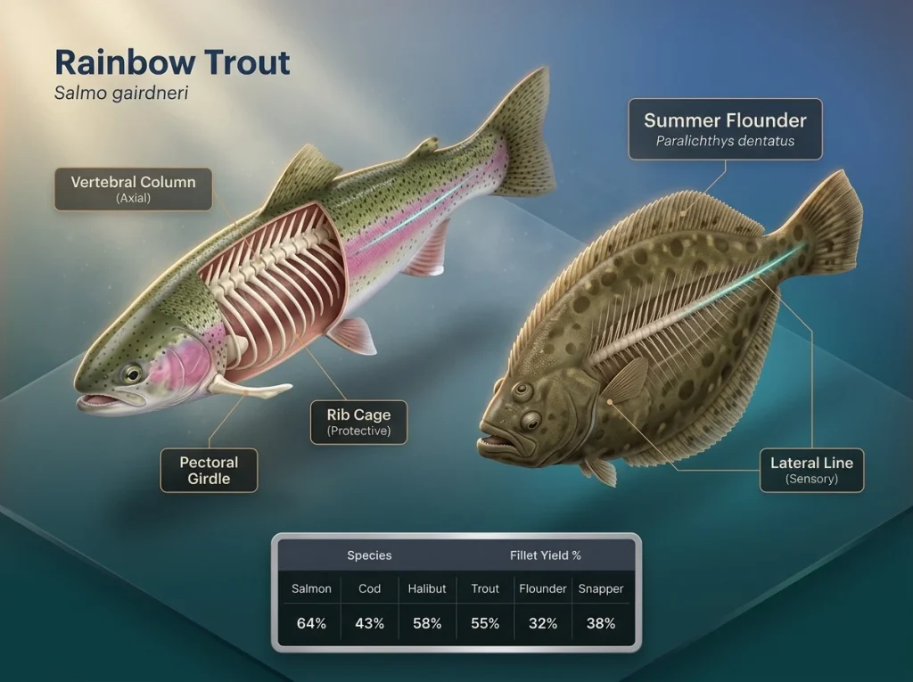 Infographic comparing trout and flounder anatomy with labeled skeletal features and a species fillet yield percentage table