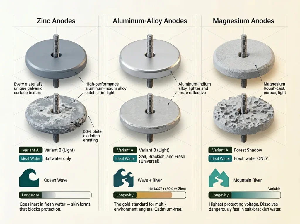 Infographic comparing Zinc, Aluminum-Alloy, and Magnesium anodes with ideal water types and longevity data
