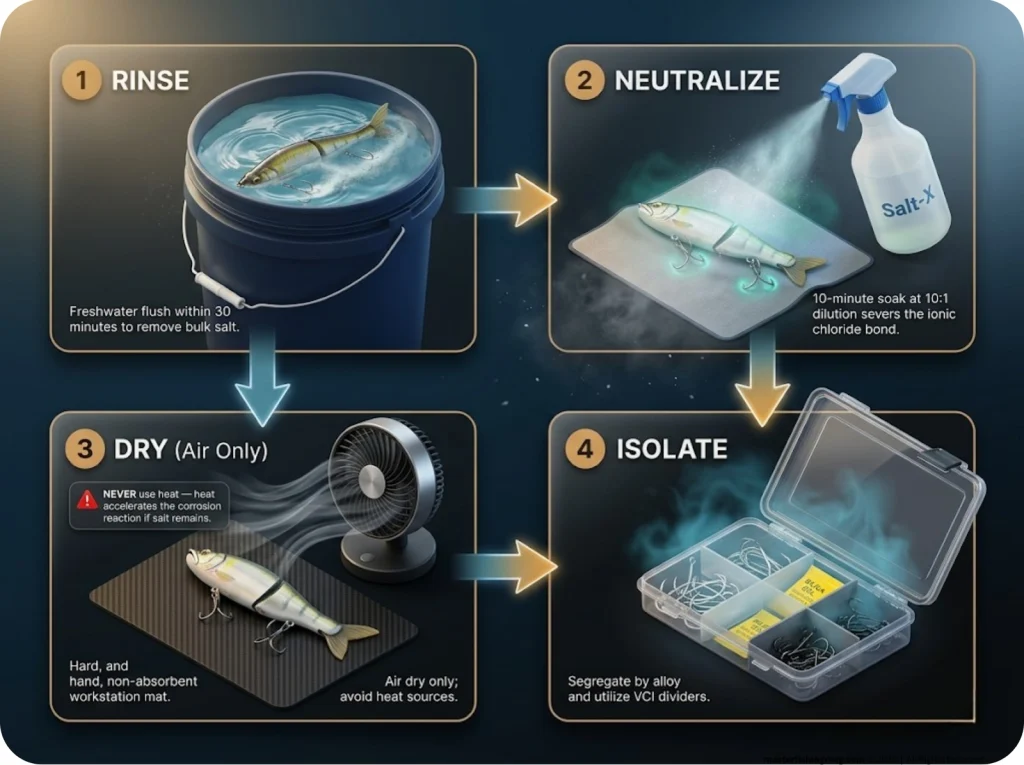 Infographic showing 4 steps for saltwater hook decontamination with freshwater rinse, spray, air drying, and VCI storage