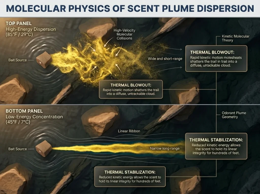 Top-down infographic comparing wide, diffuse scent clouds in 85F water versus narrow, linear ribbons in 45F water