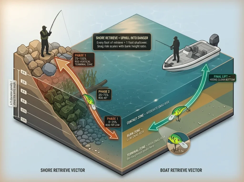 Infographic showing shore vs boat crankbait retrieve vectors with depth zones, obstruction density shading, and labeled retrieve phases