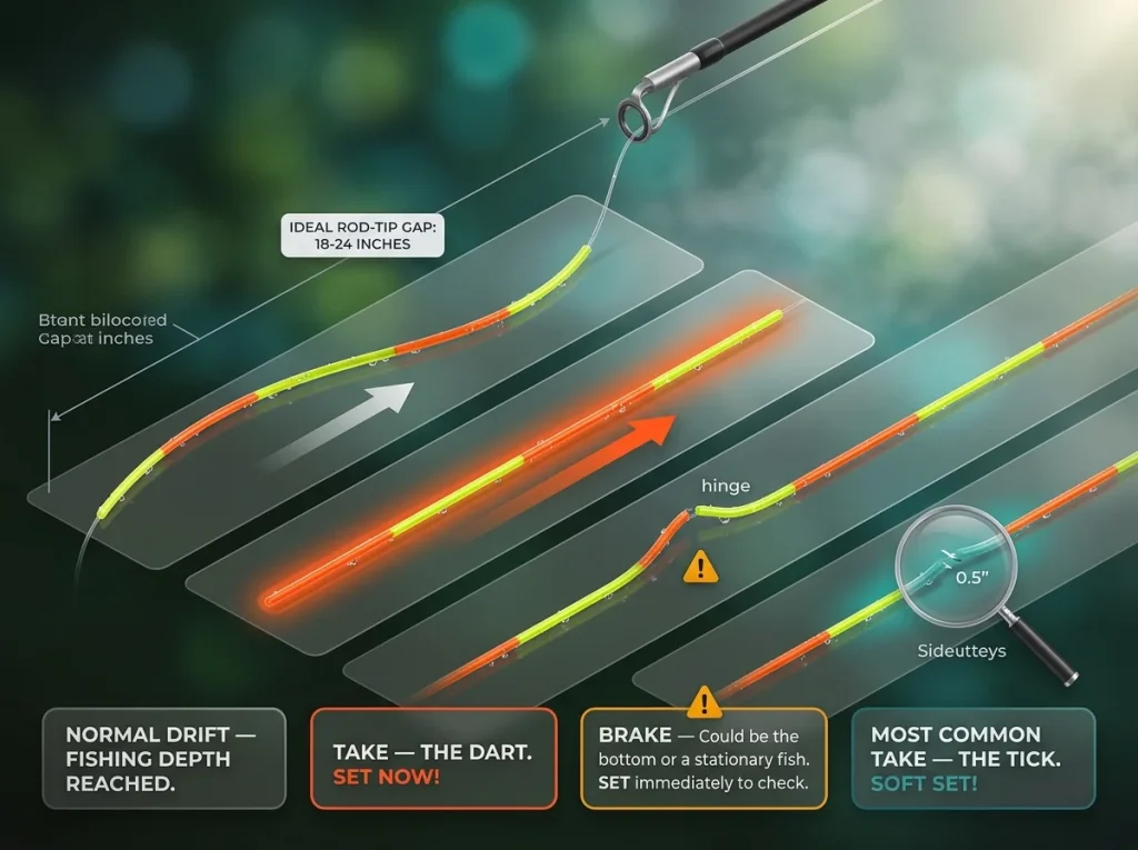 Infographic showing four sighter visual signals for strike detection: neutral, forward dart, sudden brake, and subtle tick.