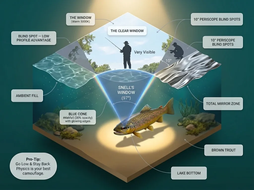 Infographic explaining Snell’s Window vision cone, the 10-degree blind spot, and the mirror zone for underwater fish.