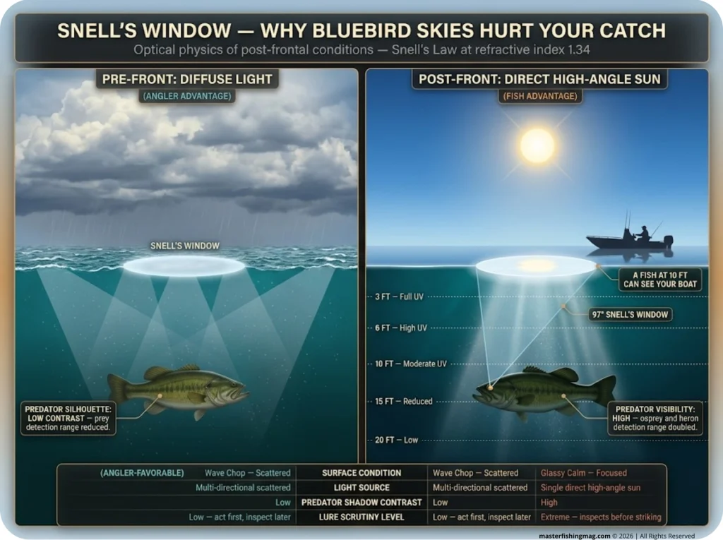 Infographic showing Snell's Window 97° cone comparing pre-front diffuse cloud light vs post-front clear-sky UV penetration with predator visibility changes