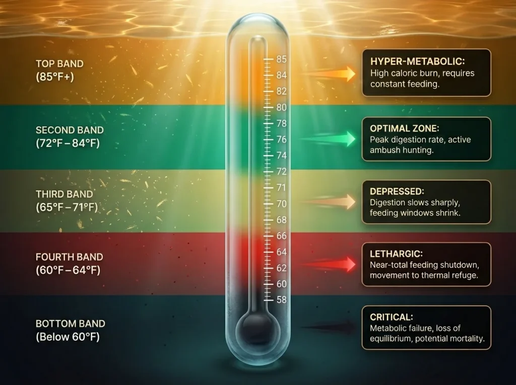 Infographic showing snook metabolic states on a vertical temperature scale from 40°F to 90°F with behavioral zones