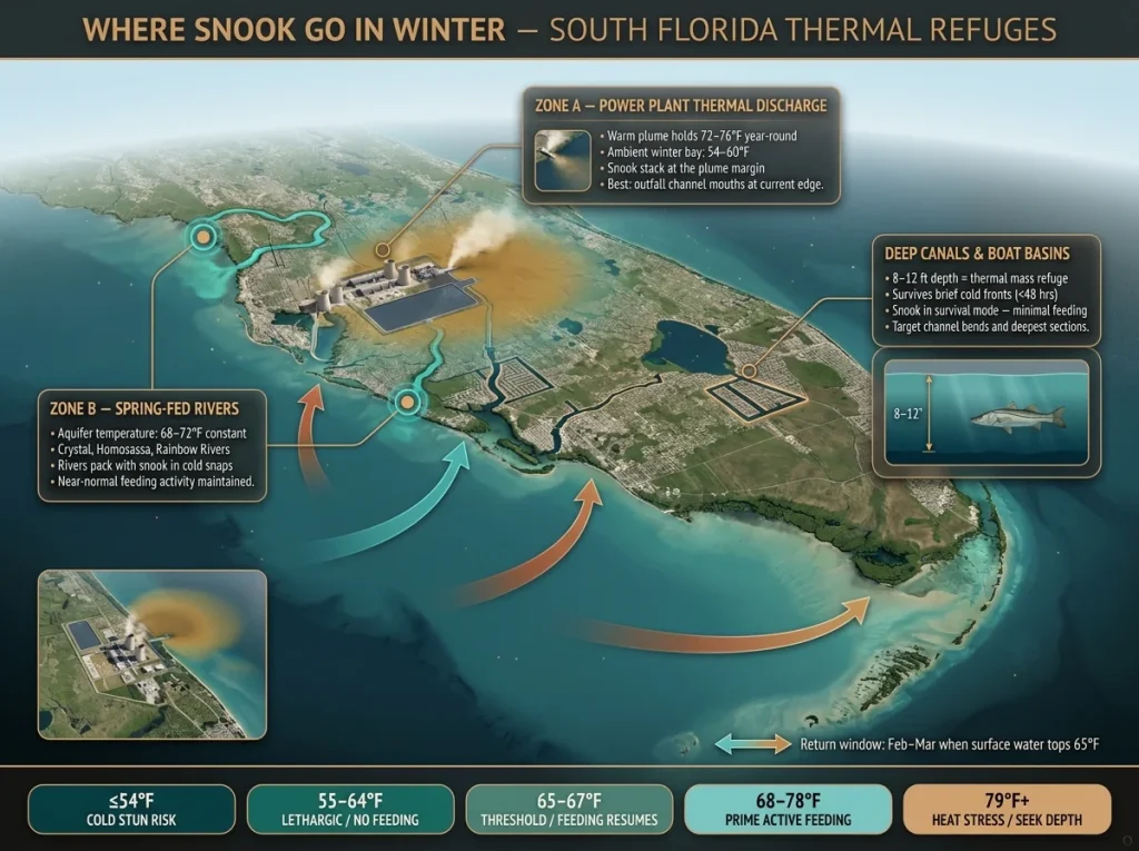 Aerial map showing South Florida snook winter refuges with temperature labels for power plants, spring rivers, and canals