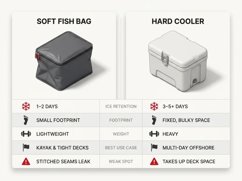 Comparison chart of soft fish bag versus hard cooler across ice retention, footprint, weight, use case, and weak spot