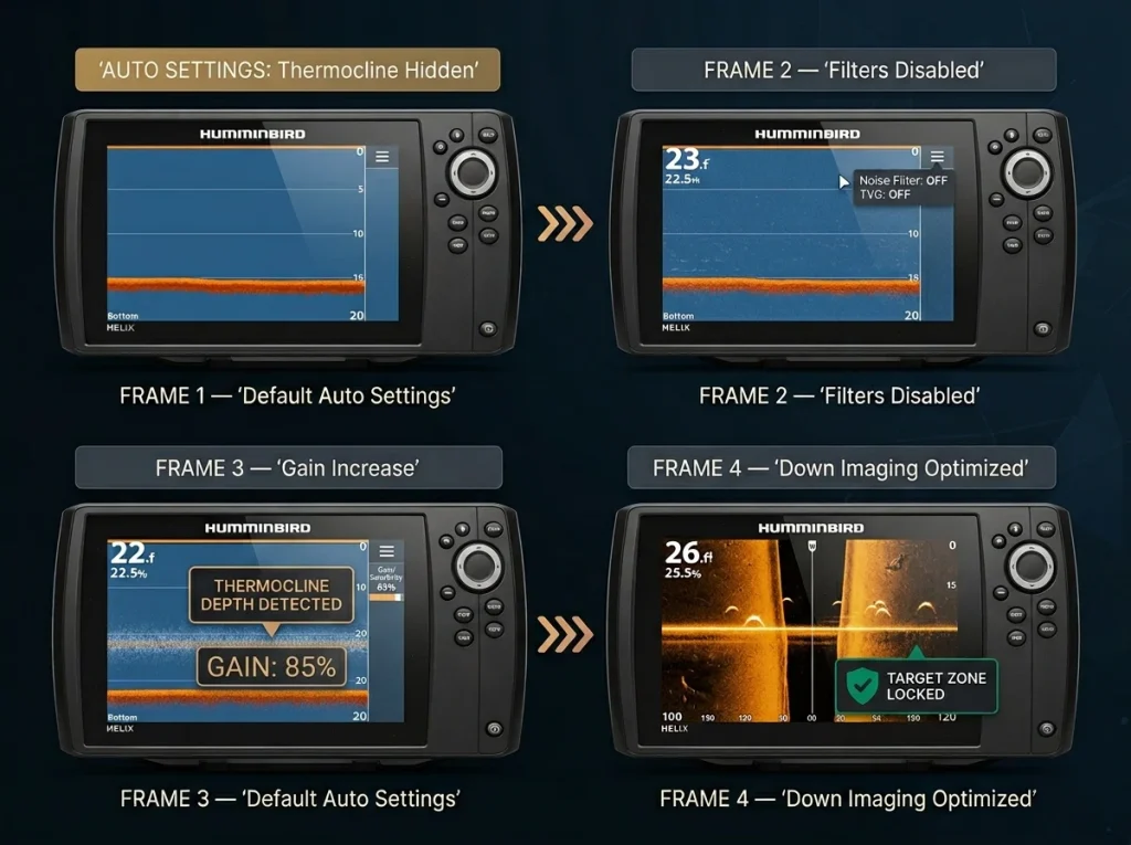 Photo sequence showing four sonar screen frames with adjusted settings to reveal the thermocline and fish arches