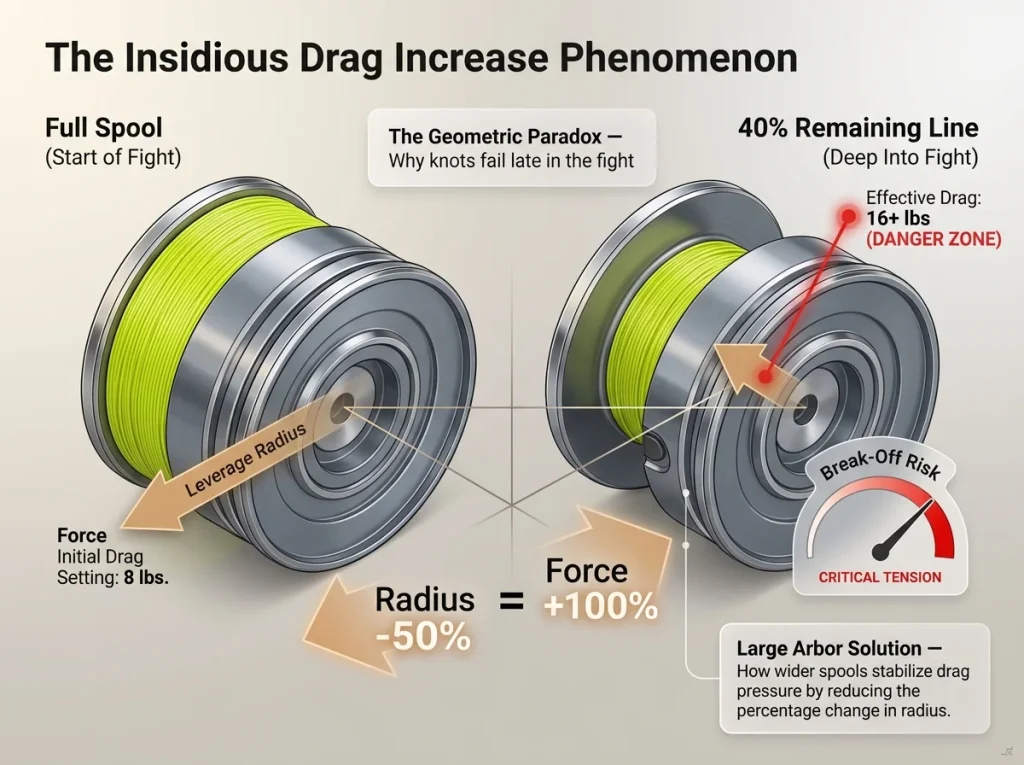 Infographic showing drag force doubling as line radius decreases from a full spool to 40% capacity