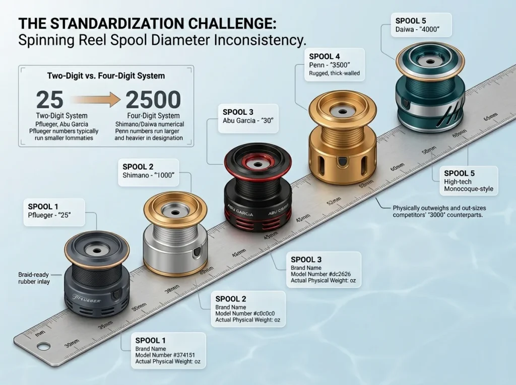 Infographic comparing 5 fishing reel brands on a physical spool size scale with 2-digit vs 4-digit system explanation