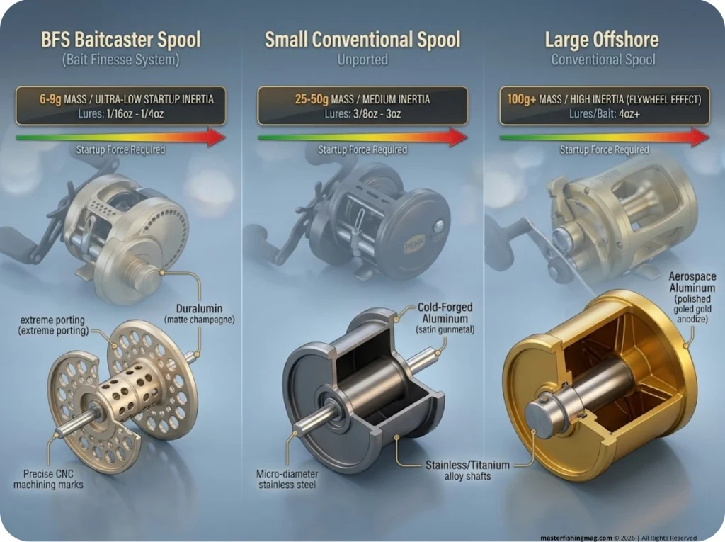 Infographic showing BFS, small conventional, and large offshore spool cross-sections with mass and startup inertia labels