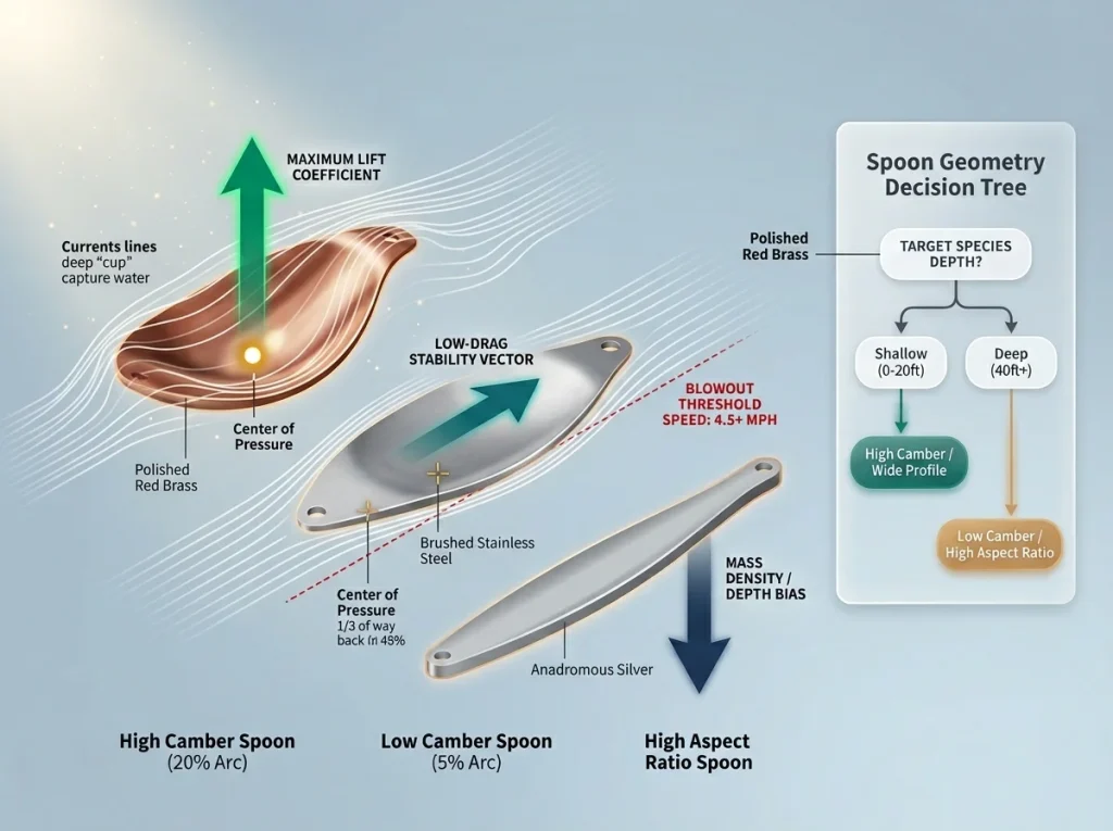Infographic showing side-profile cross-sections of high camber, low camber, and high aspect ratio spoons with force vectors