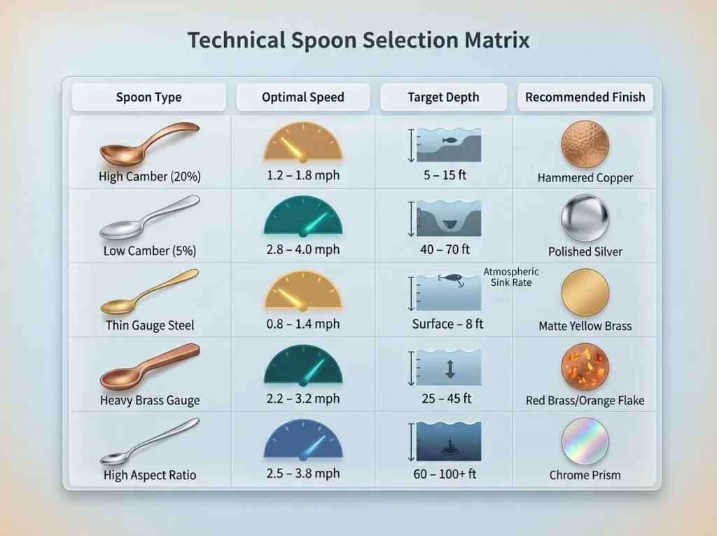 Infographic table showing optimal trolling speed, depth, and finish for various spoon geometries and alloy types