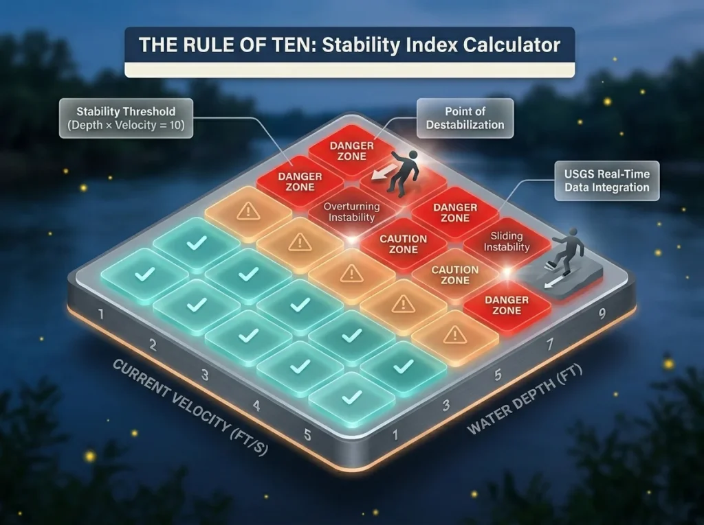 Infographic grid showing the Rule of Ten wading stability index based on water depth and current velocity