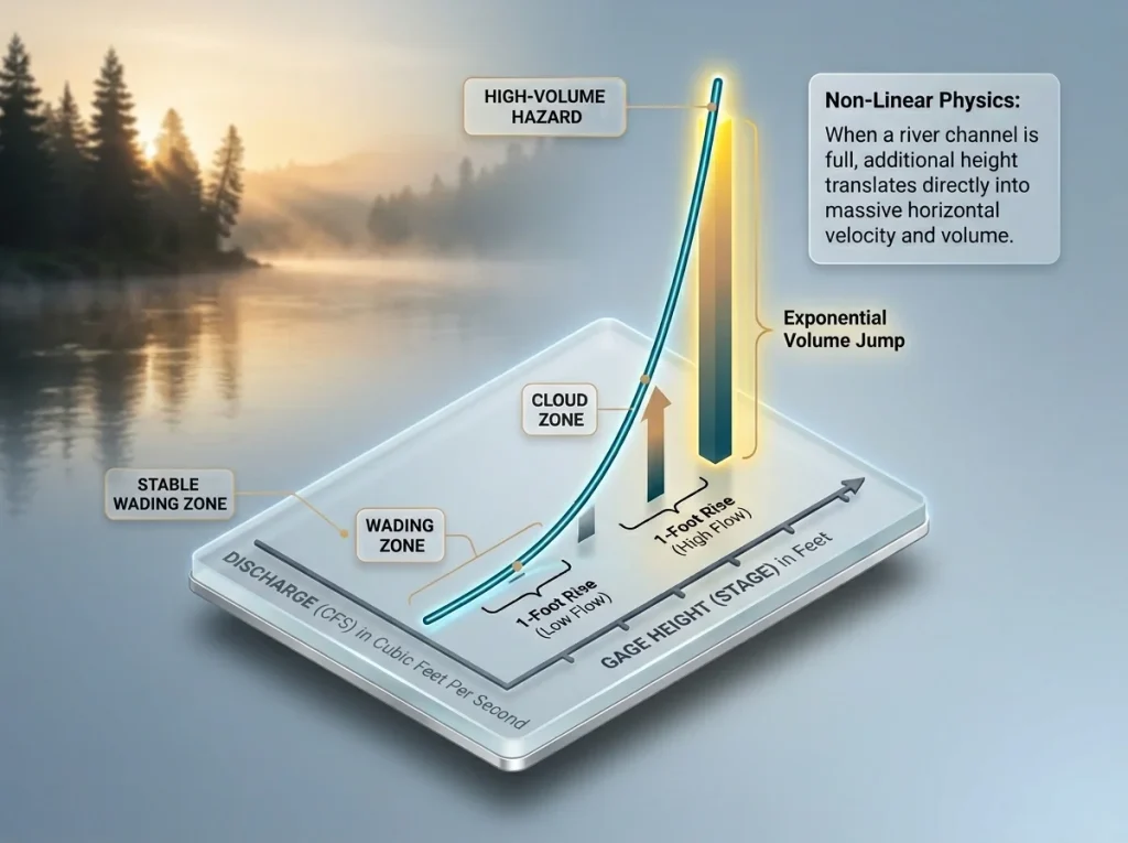 Infographic showing the non-linear relationship between river stage and discharge volume with labeled exponential growth