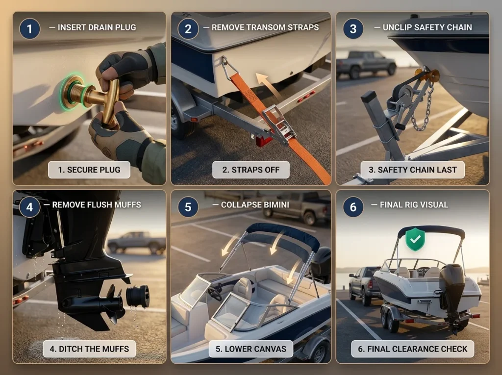 Six-panel infographic checklist for boat staging area preparation featuring 3D isometric technical guides