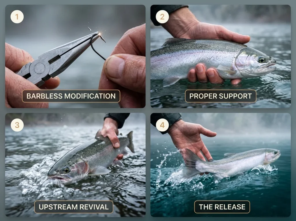 4-frame photo sequence showing best practices for steelhead release: crimping barbs, wet hand support, and upstream revival