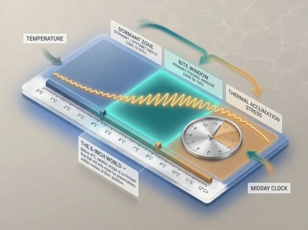 Infographic showing steelhead metabolic rate (SMR) percentage relative to water temperature with behavioral zones and clock.