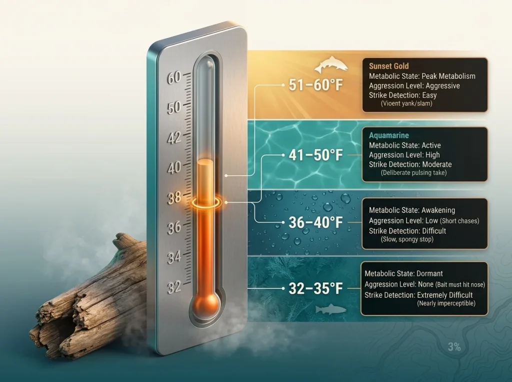 Infographic thermometer showing 4 temperature bands with metabolic states, aggression levels, and strike difficulty for steelhead