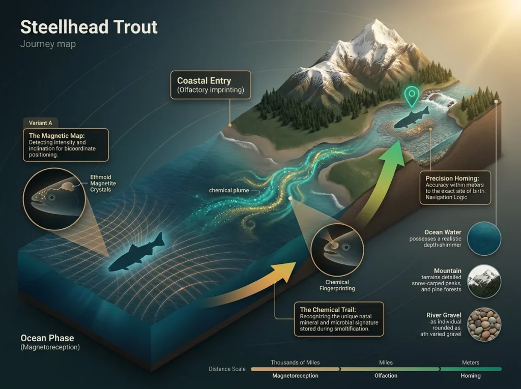 Infographic map showing steelhead navigation stages: ocean magnetoreception, coastal olfaction, and river homing