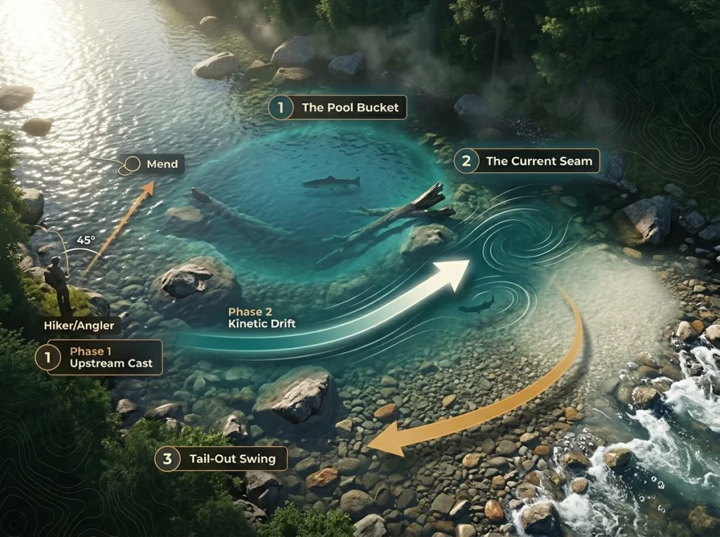 Aerial view infographic of a steelhead pool showing 3 holding zones and the 3-phase drift path from cast to swing