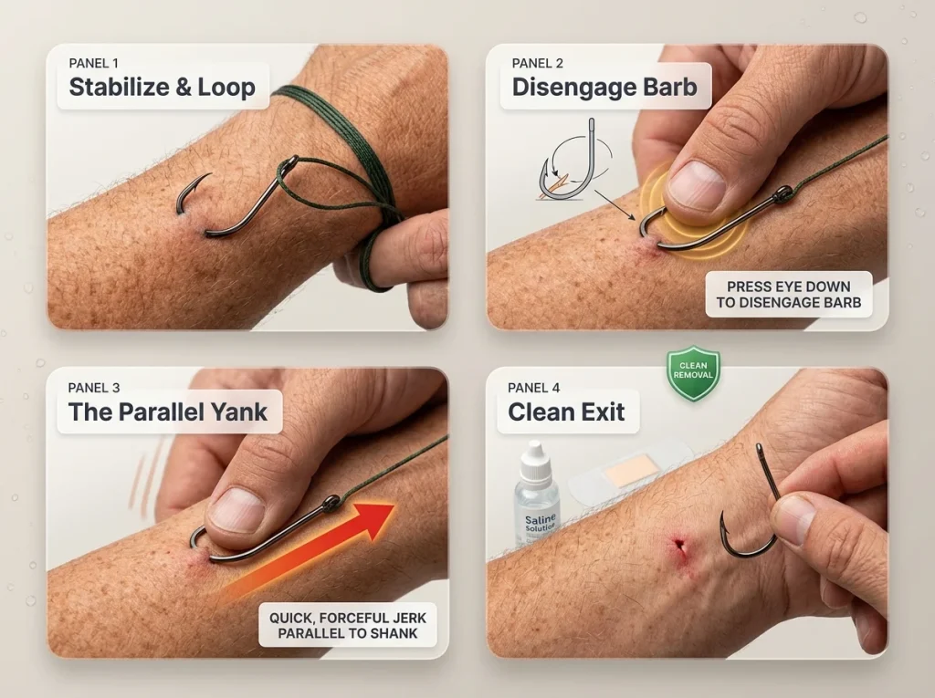 4-panel infographic sequence showing the string-yank fishhook removal technique with thumb pressure and jerk direction