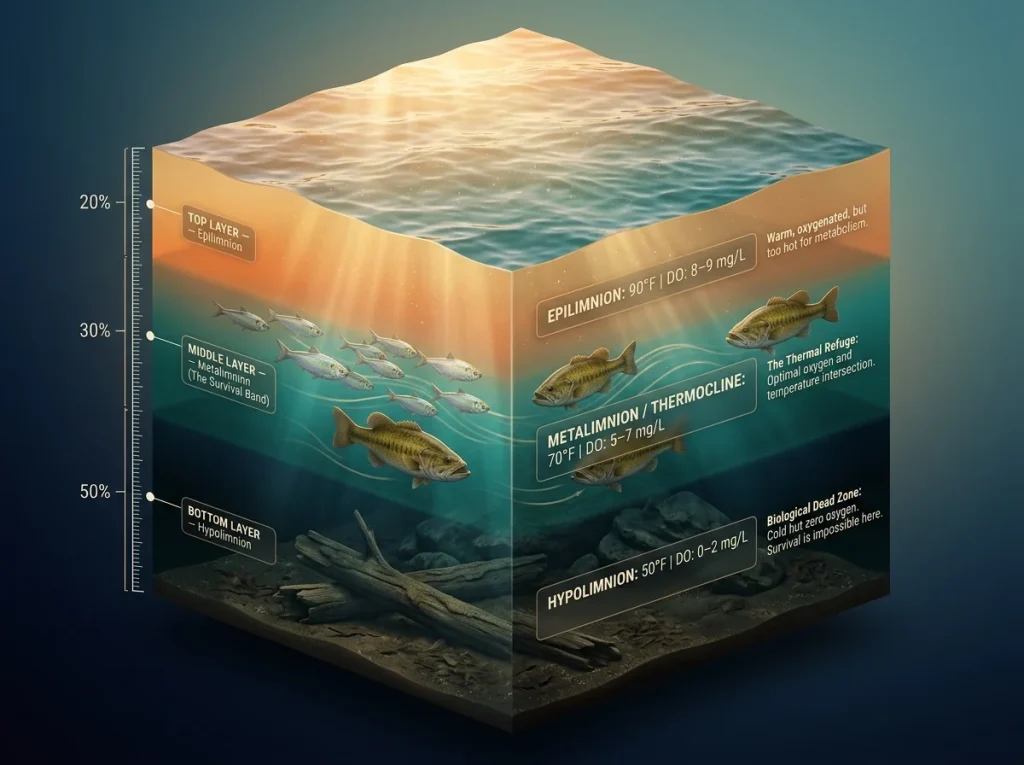 Infographic showing a vertical cross-section of a stratified lake with labeled epilimnion, metalimnion, and hypolimnion layers