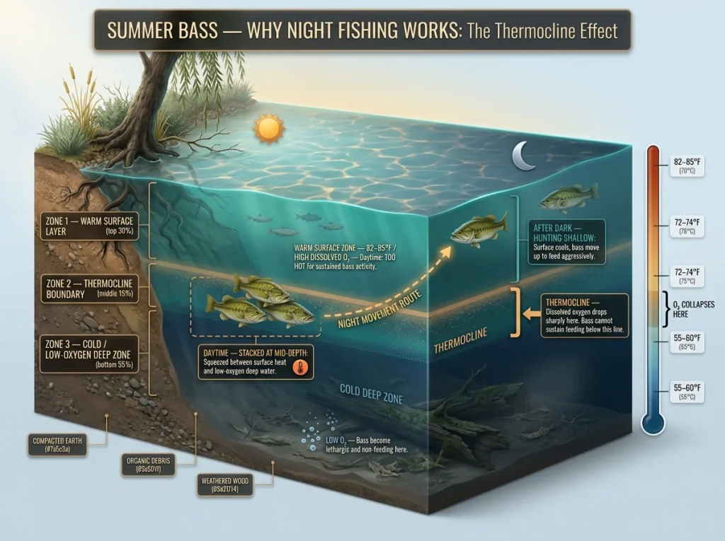 Infographic showing summer lake thermocline zones with bass positions by day vs. night, temperature scale and oxygen labels