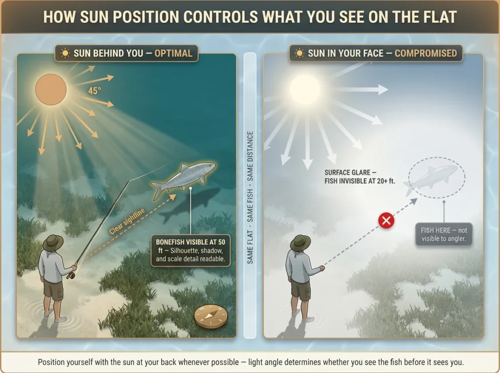 Infographic showing how sun position affects bonefish visibility on Keys flats with two-panel overhead comparison and directional arrows