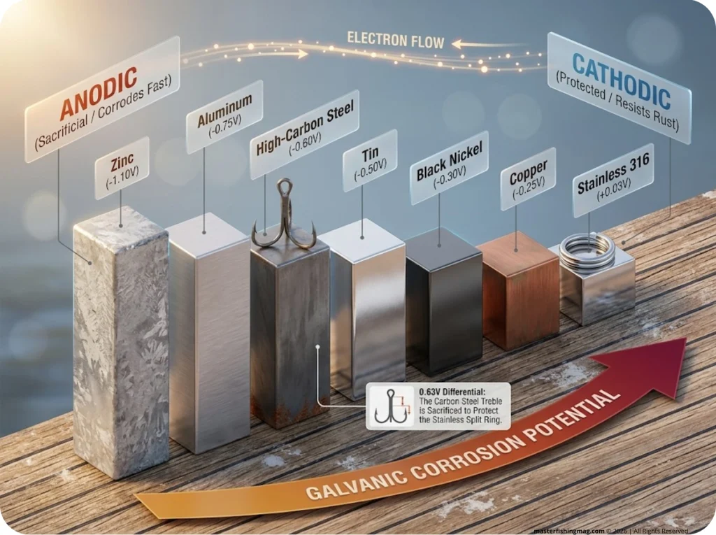 Infographic showing galvanic series of tackle metals with electron flow arrows from anodic zinc to cathodic stainless steel