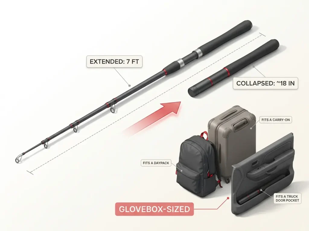 Infographic showing a telescoping fishing rod collapsing from 7 feet to 18 inches next to a backpack, carry-on, and truck door pocket