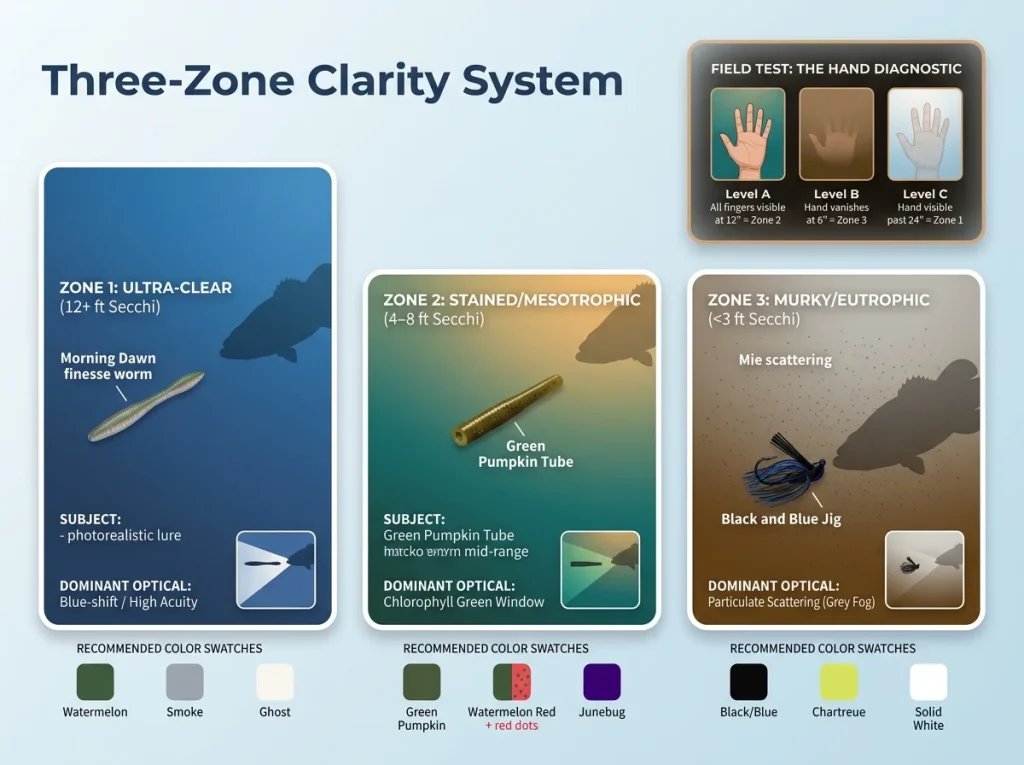 Infographic showing 3 zones of water clarity with Secchi ranges, optical mechanisms, color swatches, and a hand-test diagnostic