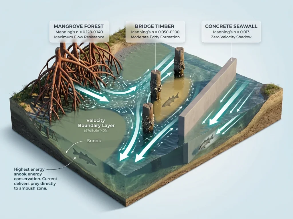 Infographic showing tidal channel cross-section comparing hydraulic roughness of mangroves, pilings, and seawalls
