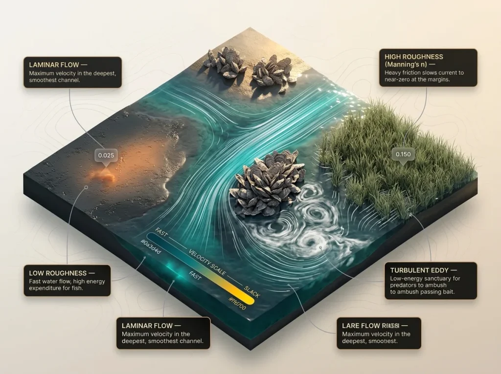 Aerial infographic of a tidal creek and oyster reef showing high-velocity flow, turbulent wakes, and Manning's roughness coefficient zones