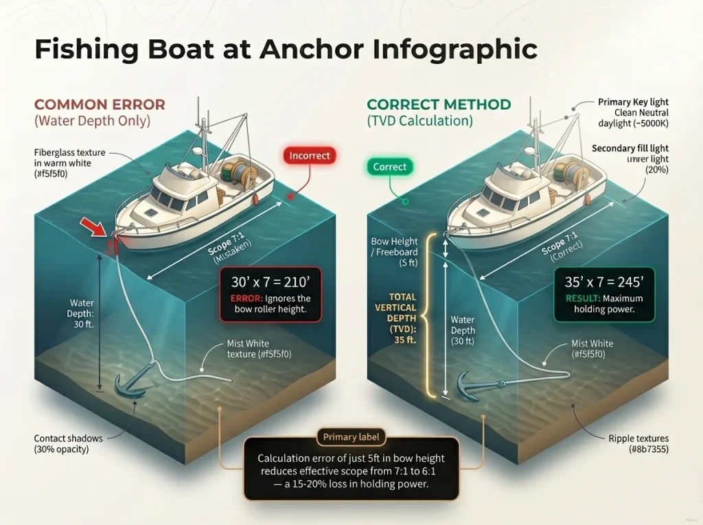 Infographic comparing wrong vs. correct anchor scope calculation using Total Vertical Depth (TVD) including bow height