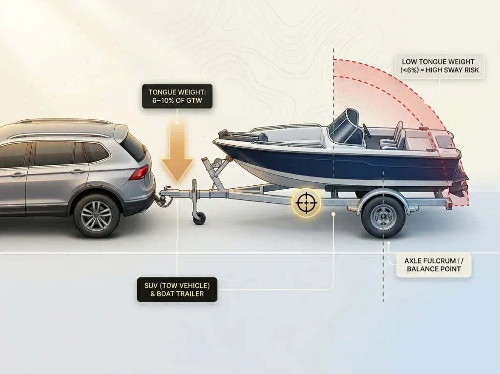 Infographic showing towing physics with tongue weight vectors, center of gravity position, and axle fulcrum balance zones