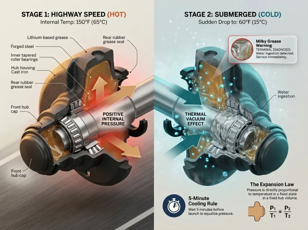 Cross-section infographic of a trailer hub showing thermal contraction and water ingestion physics