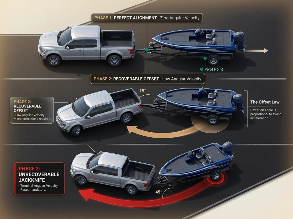 Top-down infographic showing three stages of trailer reversing physics with angular velocity vectors and pivot points